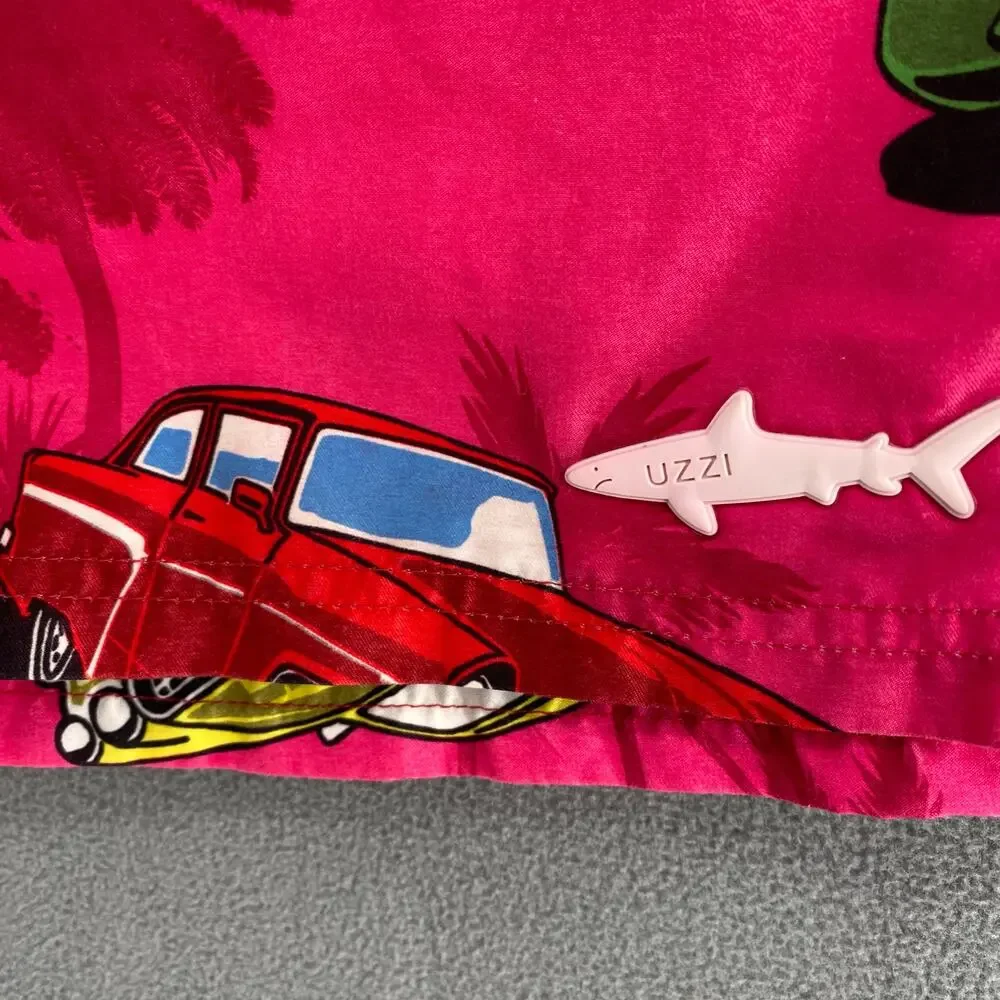 Uzzi Active Wear Shorts Mens‎ M Pink Graphic Swim Surf Beach Festival Cars Palm